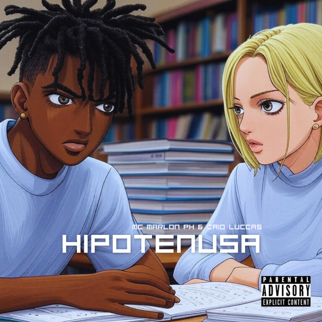 Capa do single Hipotenusa, com personagens ilustrados em uma biblioteca